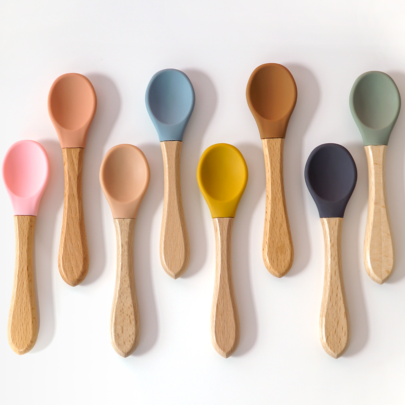 Baby Food Utensils - Besleme Ahşap Saplı Silikon Kaşık Bebek